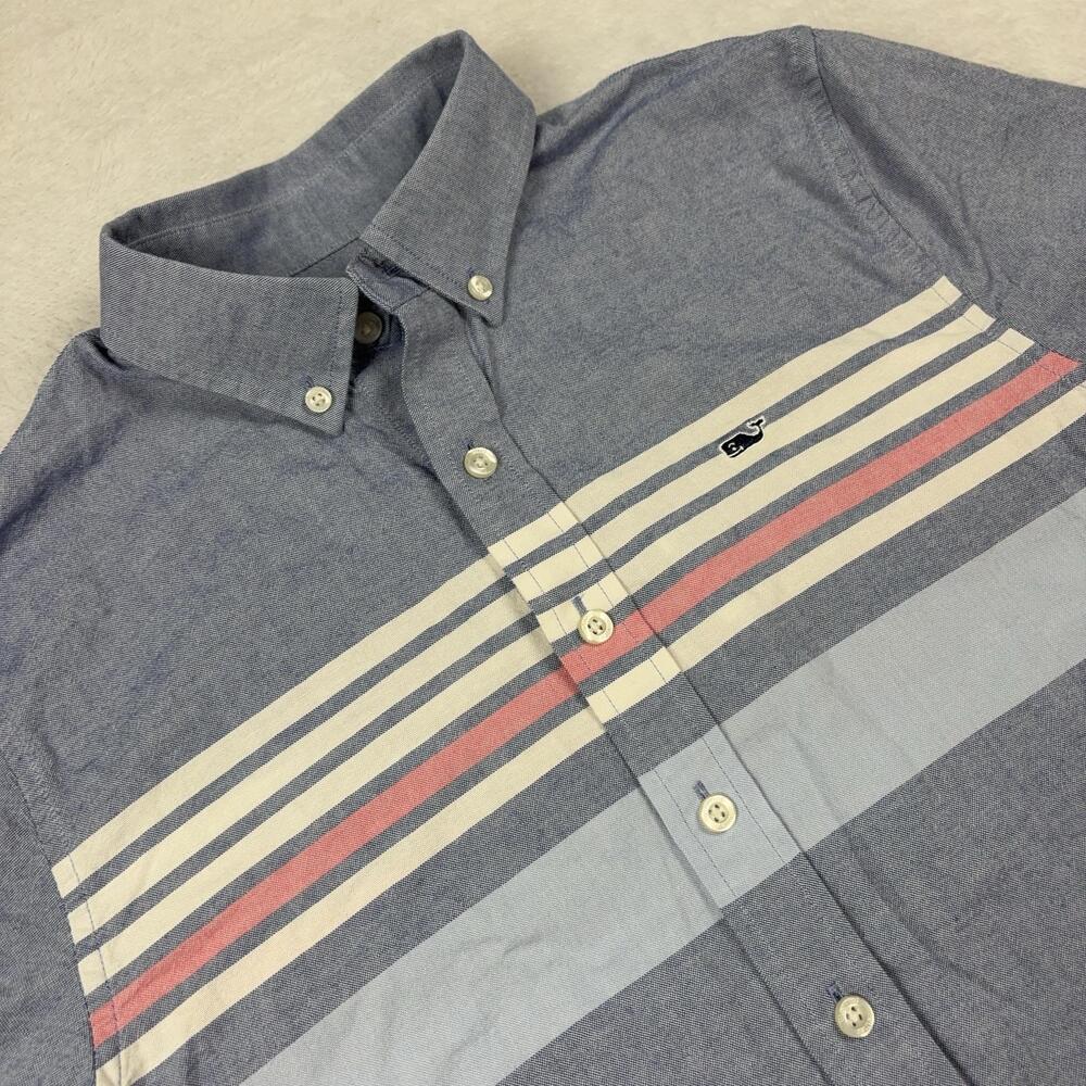 Vineyard Vines Whale Shirt Youth L 16 Blue Striped Button Up Short Sleeve Cotton